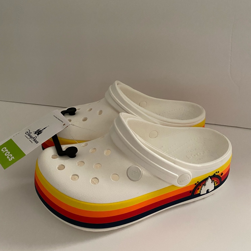 Disney parks white platform crocs rainbow